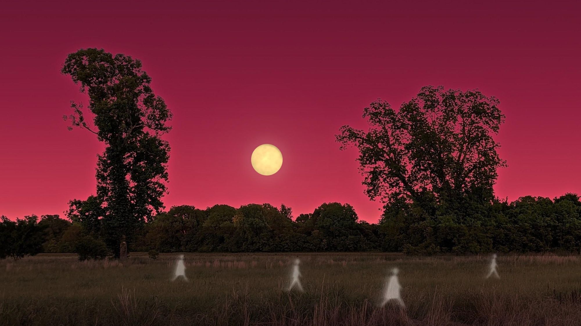 A full moon low over a field at dusk under a pomegranate-red sky, with pale, translucent figures walking through the tall grass.